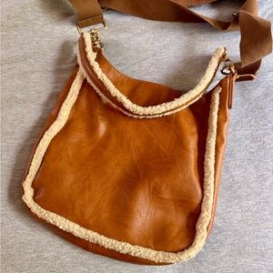Brown and Cream Suede Shoulder Bag with Cozy Sherpa Trim
